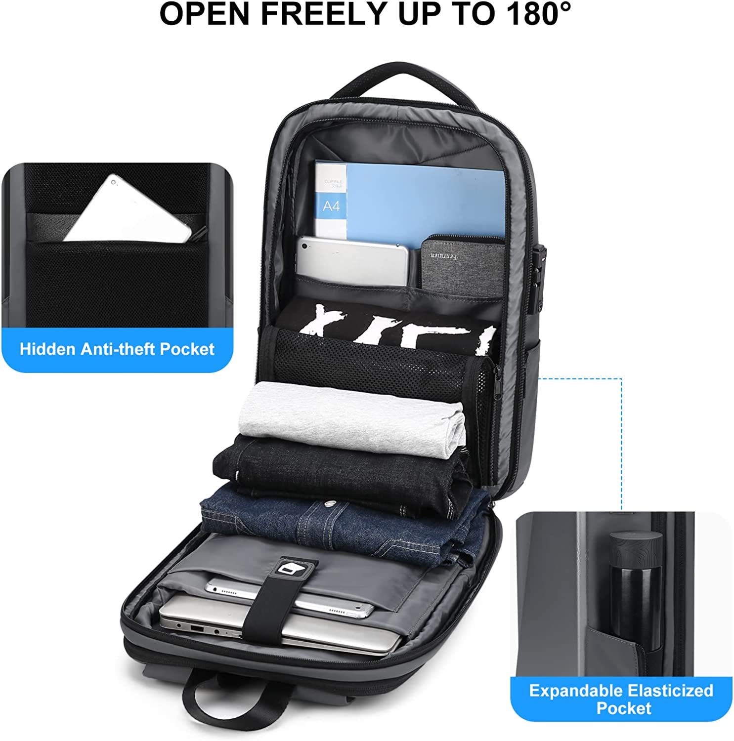 FENRUIEN Anti Theft Laptop Backpack for Men, Expandable Waterproof Hardshell Backpack with USB Port, Black Business Travel Computer Bag 15.6 Inch - Image 3